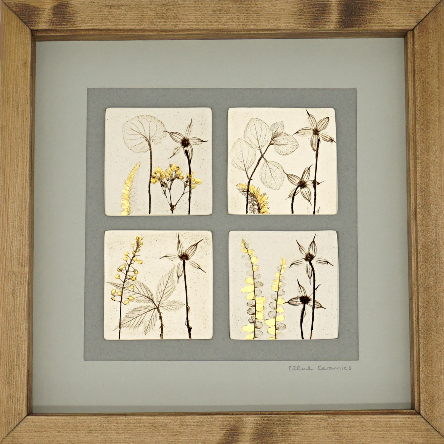 Four Framed Botanical Tiles with 24ct Gold Leaf