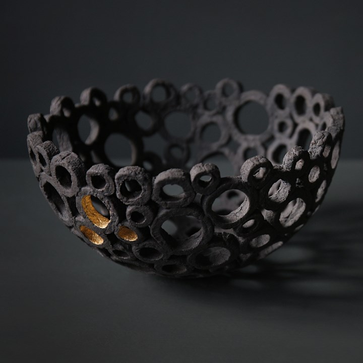 20cm Dark Circles Bowl with 24ct Gold Leaf