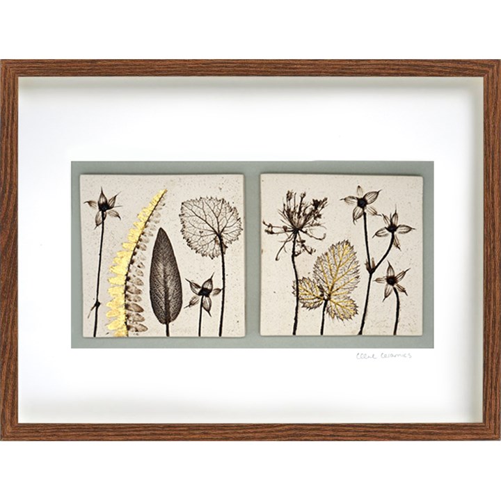 Two Framed Botanical Tiles With 24ct Gold Leaf