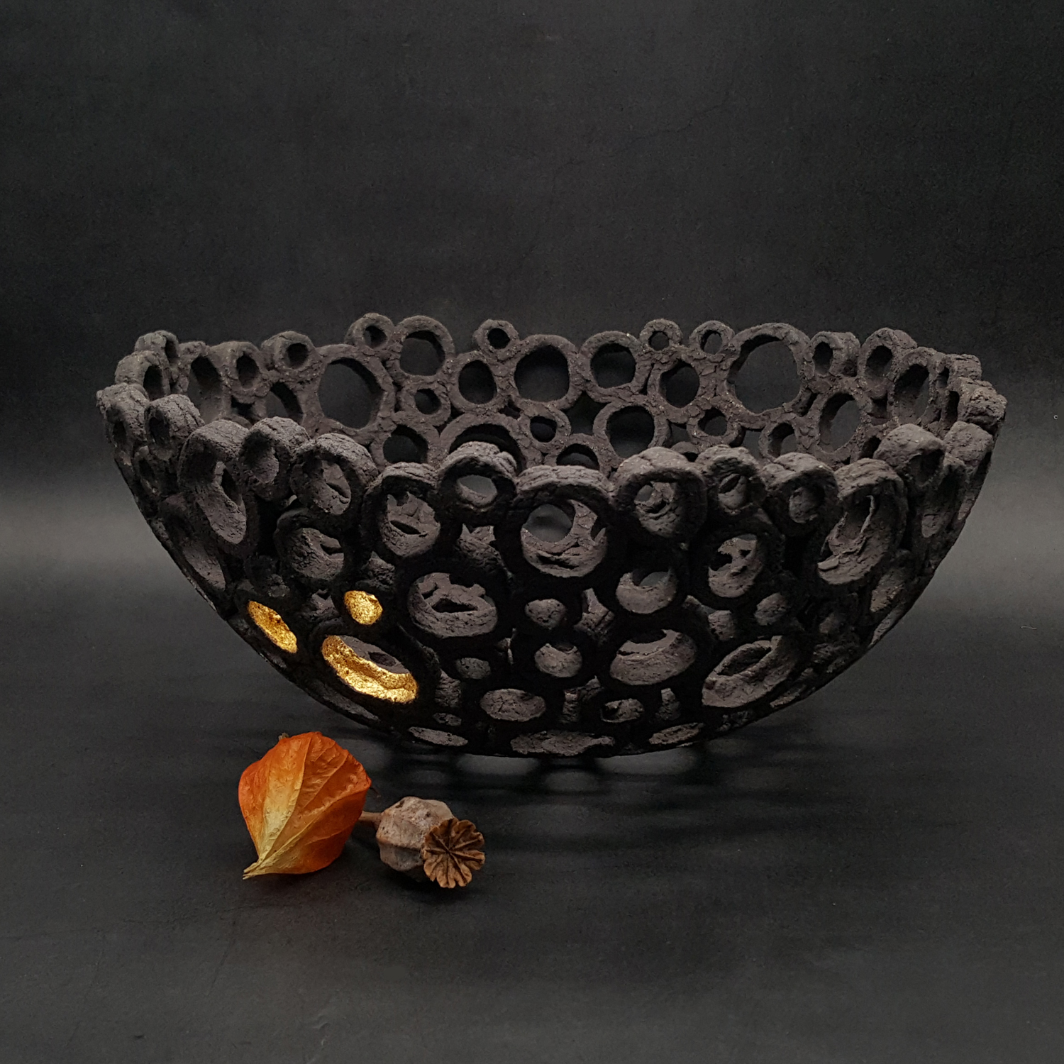 Medium Dark Circles Bowl with 24ct Gold Leaf
