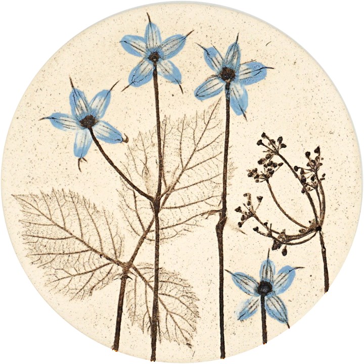 10cm Round Blue Botanical Tile
