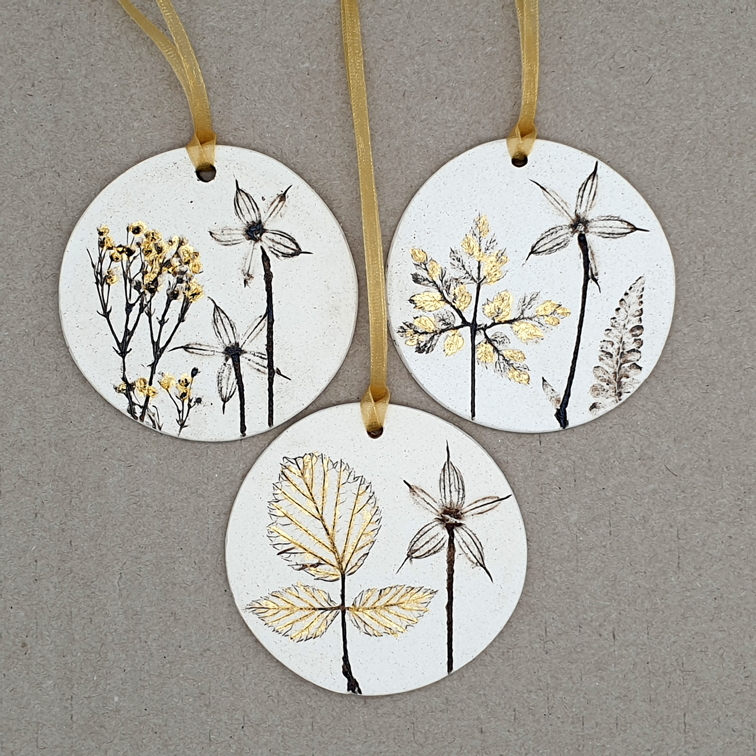Three 7cm Round Hanging Botanical Tiles With 24ct Gold Leaf