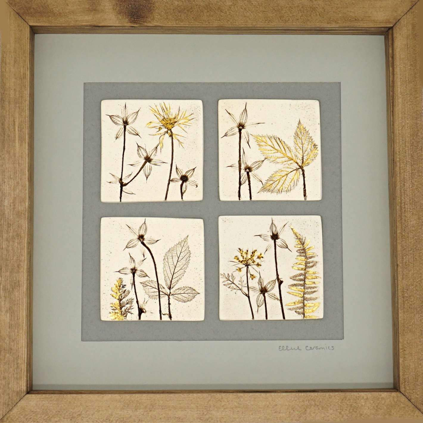 Four Framed Botanical Tiles with 24ct Gold Leaf