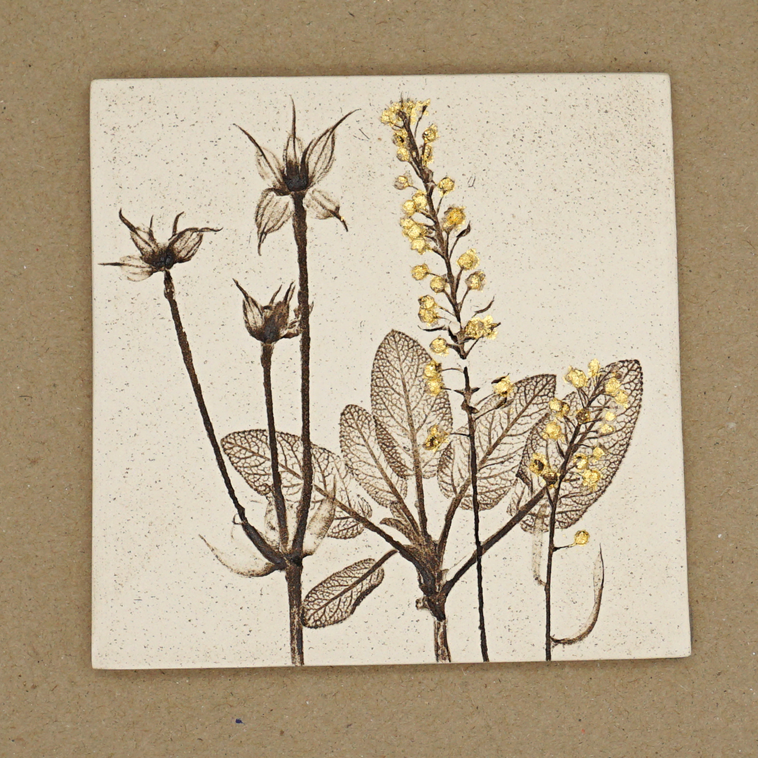 10cm Square Botanical Tile With 24ct Gold Leaf