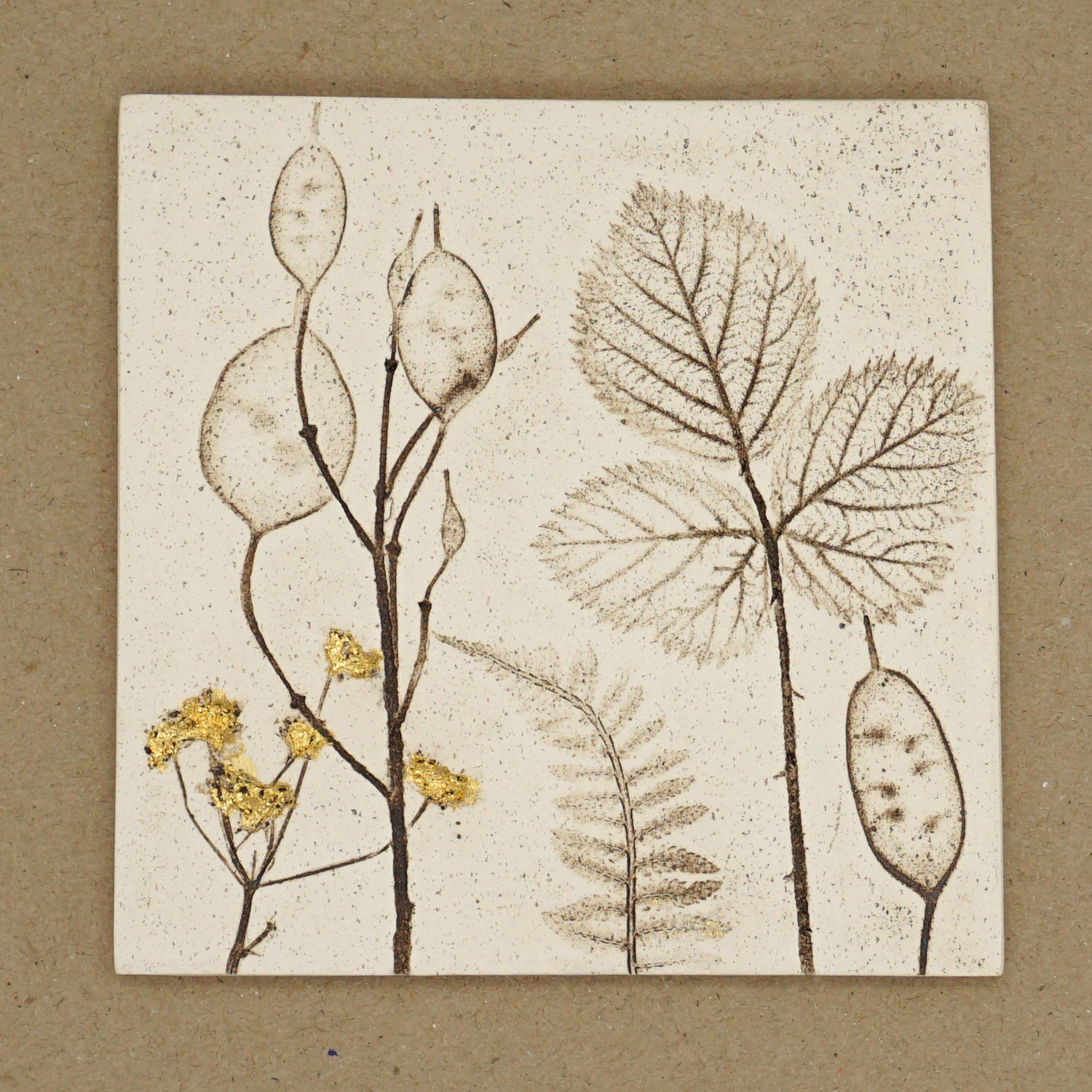 10cm Square Botanical Tile With 24ct Gold Leaf