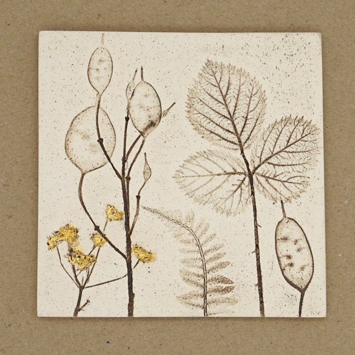 10cm Square Botanical Tile With 24ct Gold Leaf