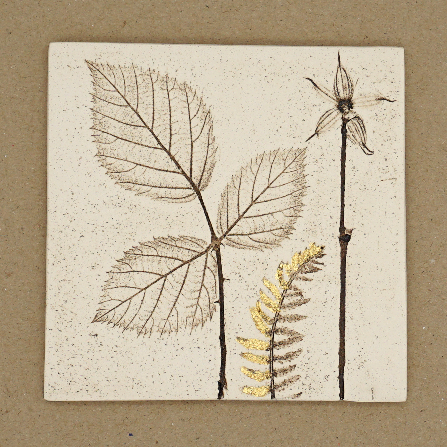 10cm Square Botanical Tile With 24ct Gold Leaf