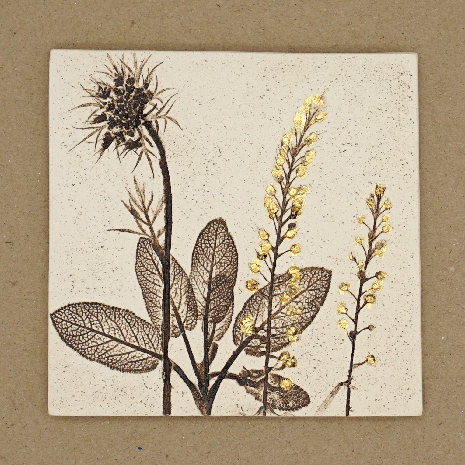 10cm Square Botanical Tile With 24ct Gold Leaf