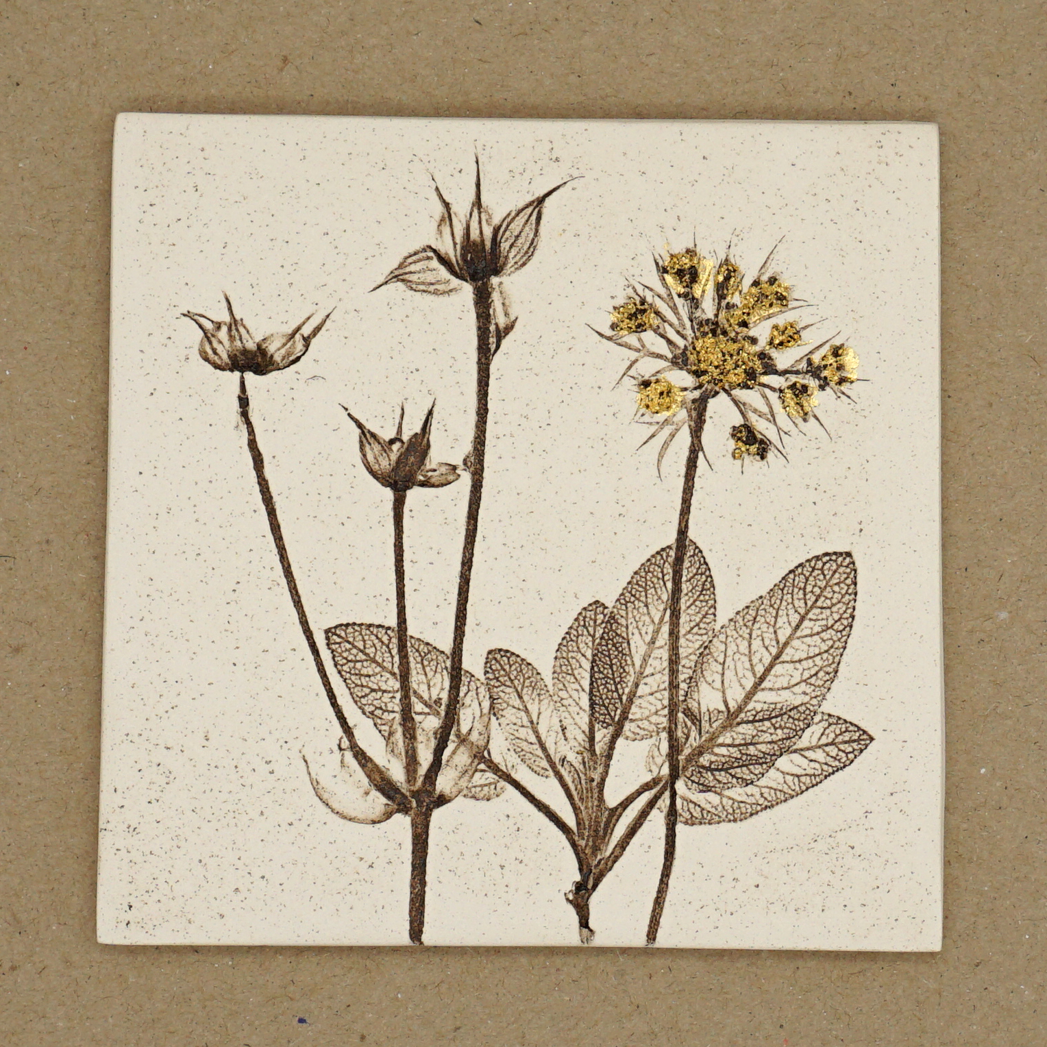 10cm Square Botanical Tile With 24ct Gold Leaf