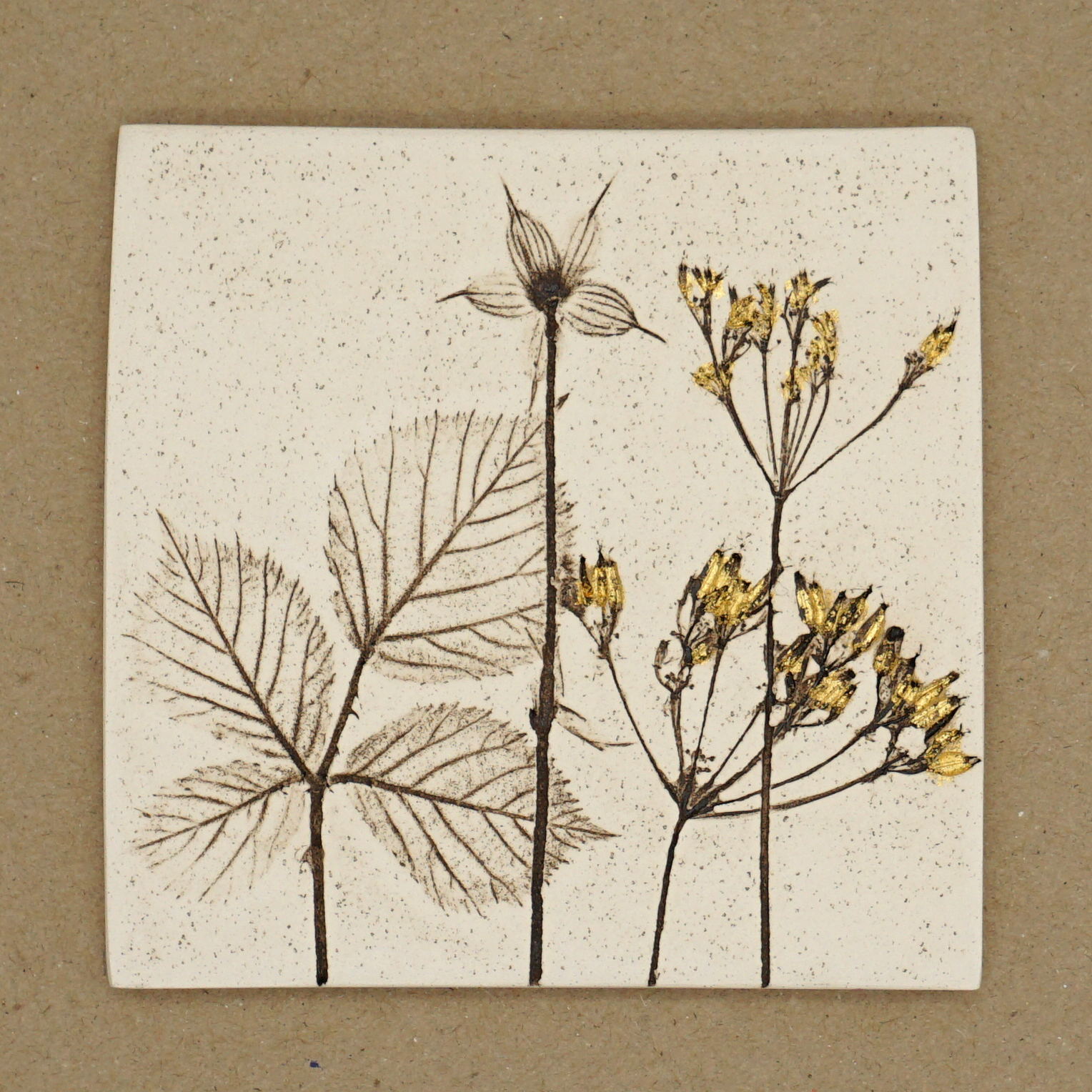 10cm Square Botanical Tile With 24ct Gold Leaf