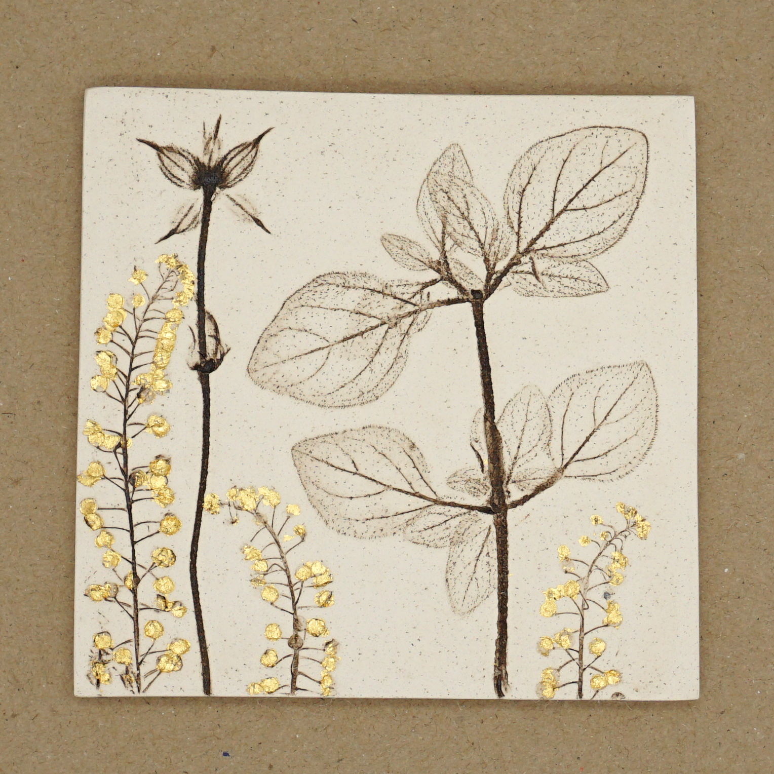 10cm Square Botanical Tile With 24ct Gold Leaf
