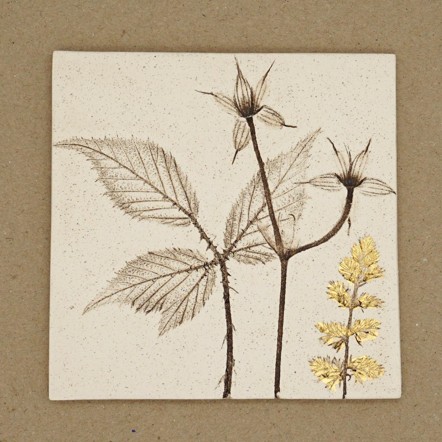 10cm Square Botanical Tile With 24ct Gold Leaf