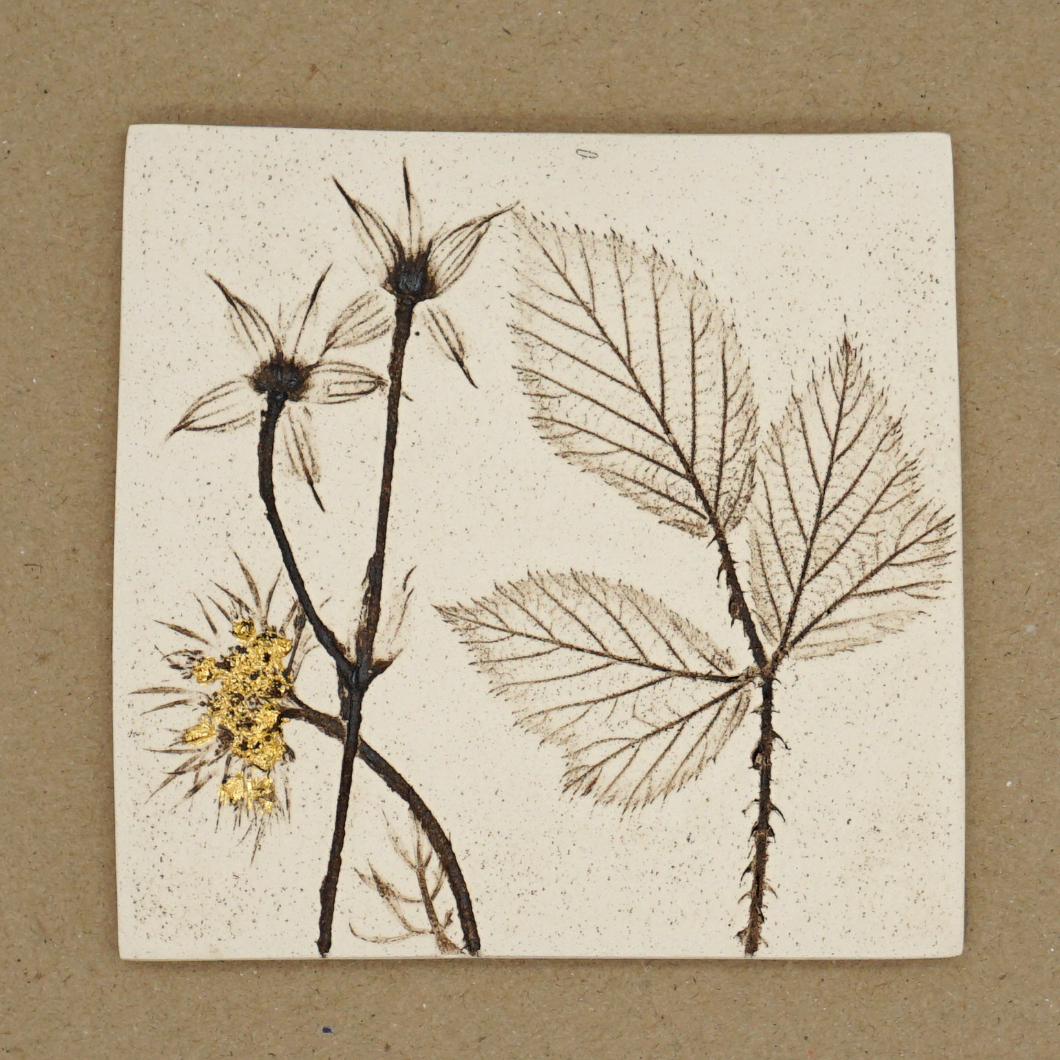 10cm Square Botanical Tile With 24ct Gold Leaf