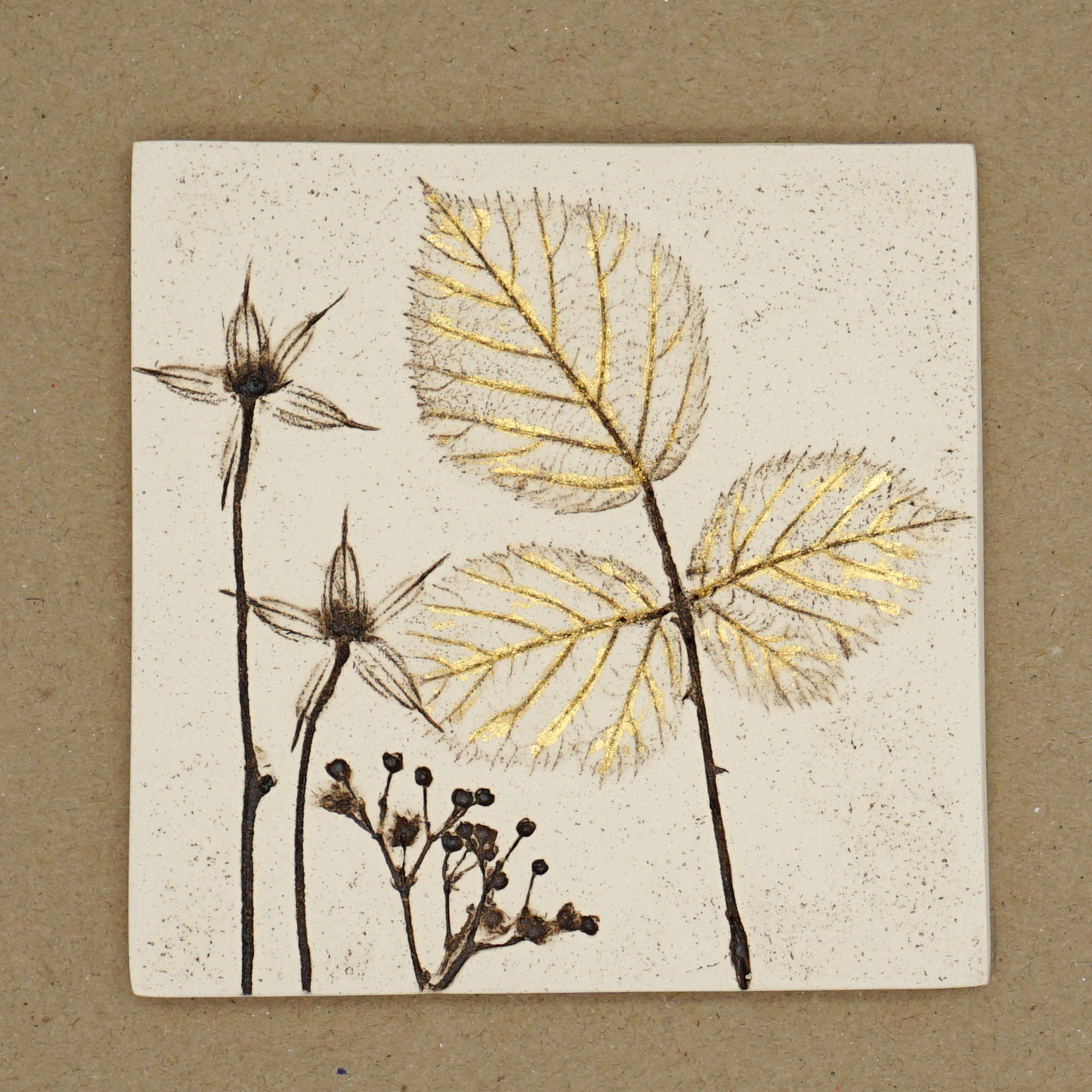 10cm Square Botanical Tile With 24ct Gold Leaf