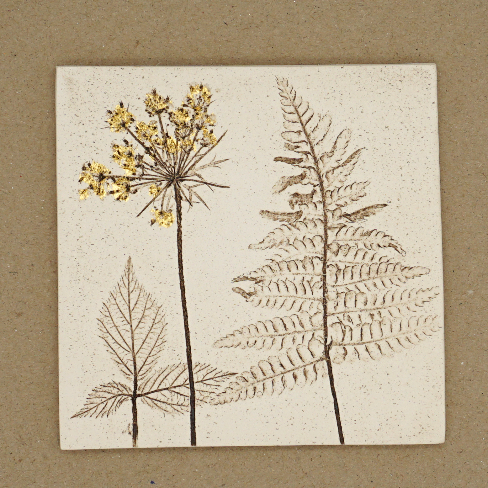 10cm Square Botanical Tile With 24ct Gold Leaf