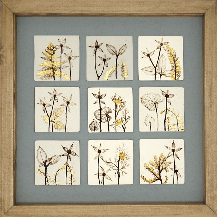 Nine Framed Botanical Tiles With 24ct Gold Leaf