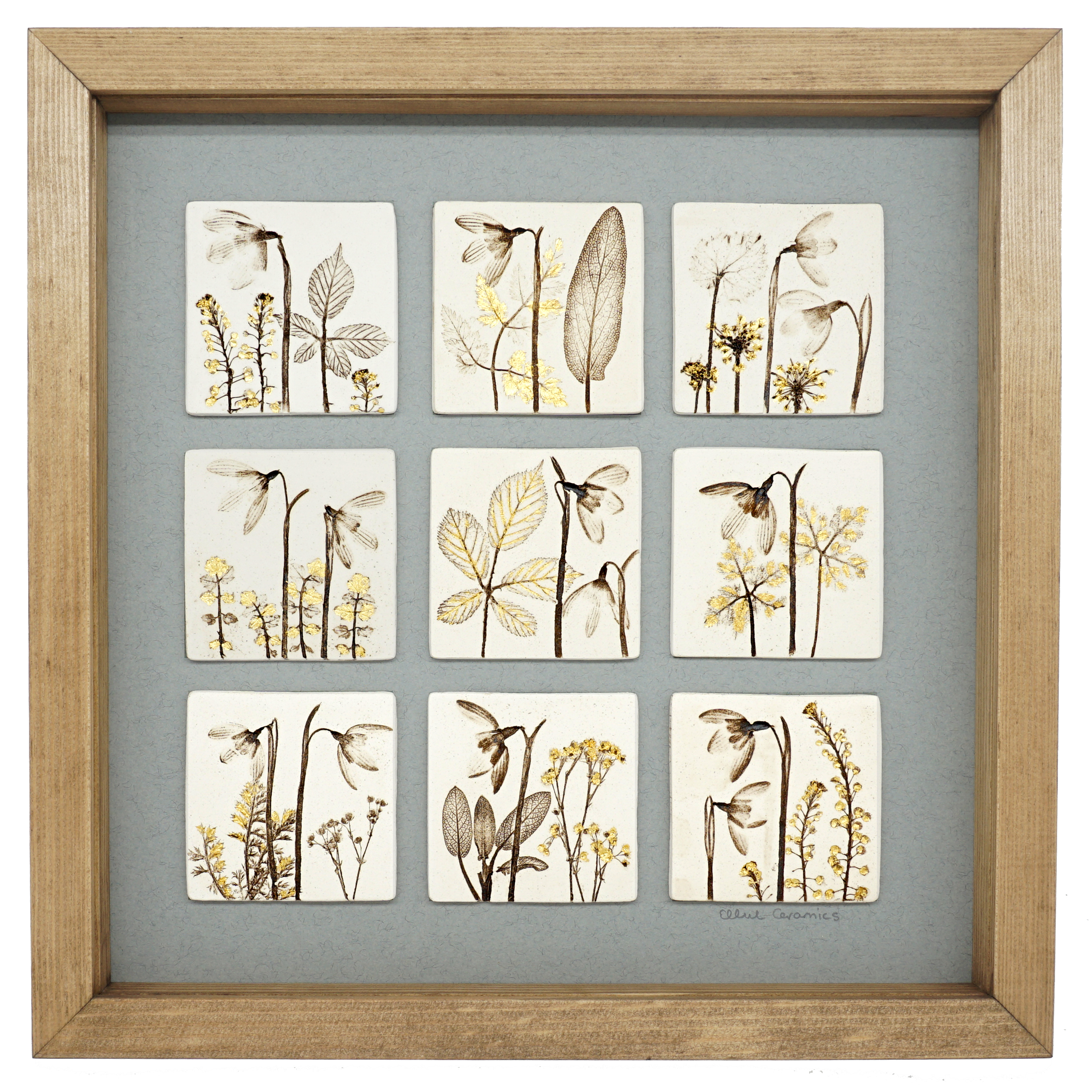 Nine Framed Snowdrop Tiles With 24ct Gold Leaf