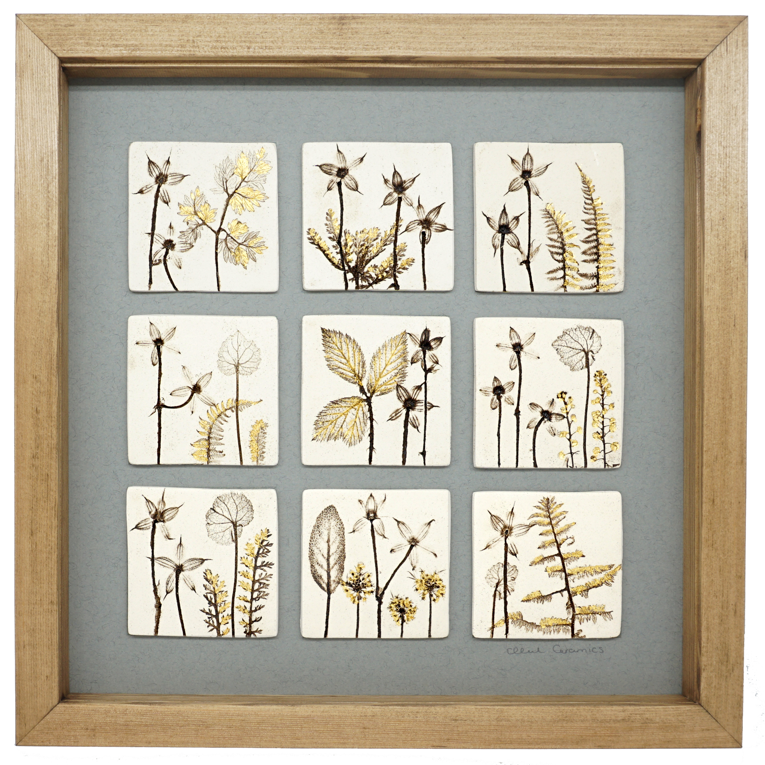 Nine Framed Botanical Tiles With 24ct Gold Leaf