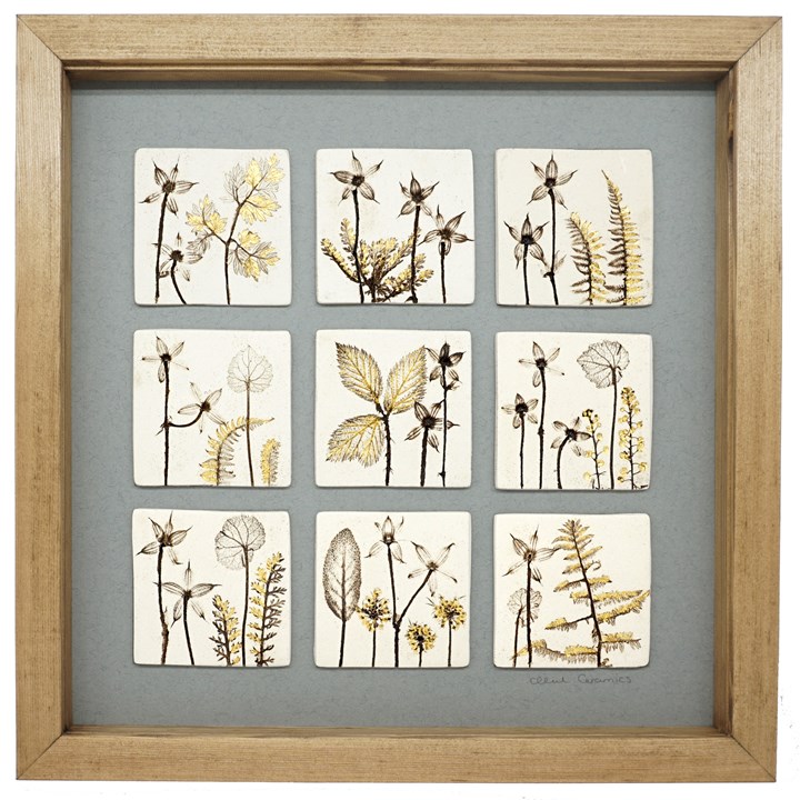 Nine Framed Botanical Tiles With 24ct Gold Leaf