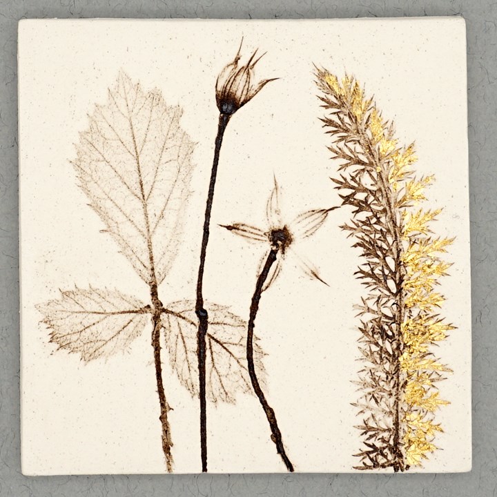 10cm Square Botanical Tile With 24ct Gold Leaf