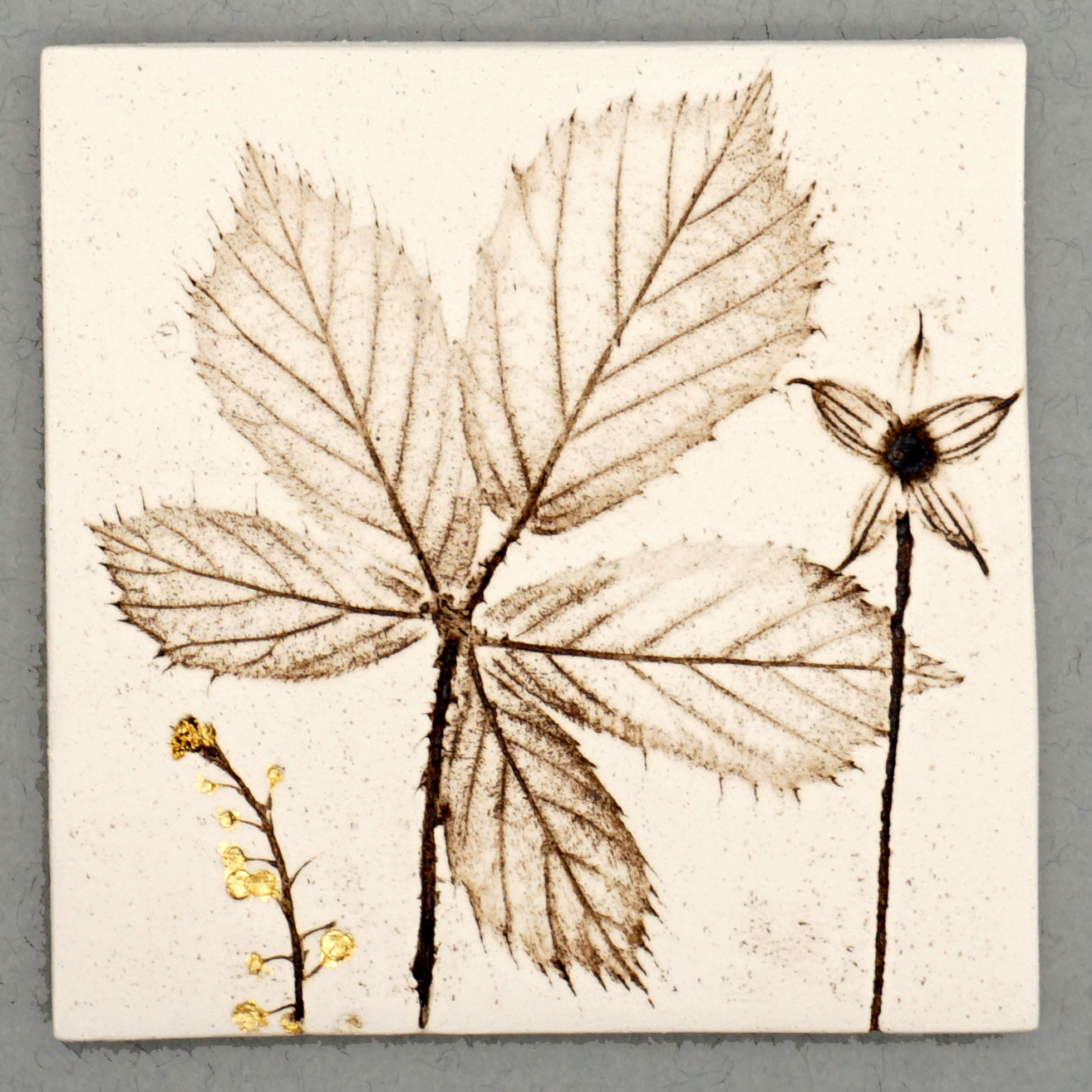 10cm Square Botanical Tile With 24ct Gold Leaf