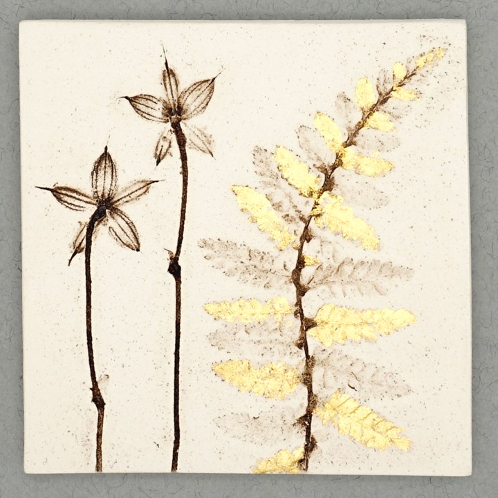 10cm Square Botanical Tile With 24ct Gold Leaf