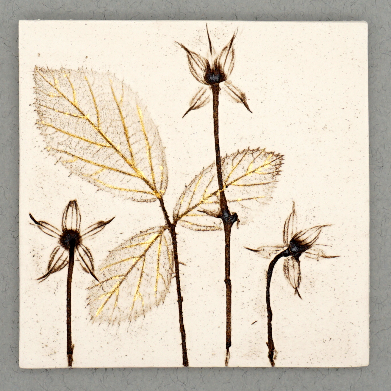 10cm Square Botanical Tile With 24ct Gold Leaf