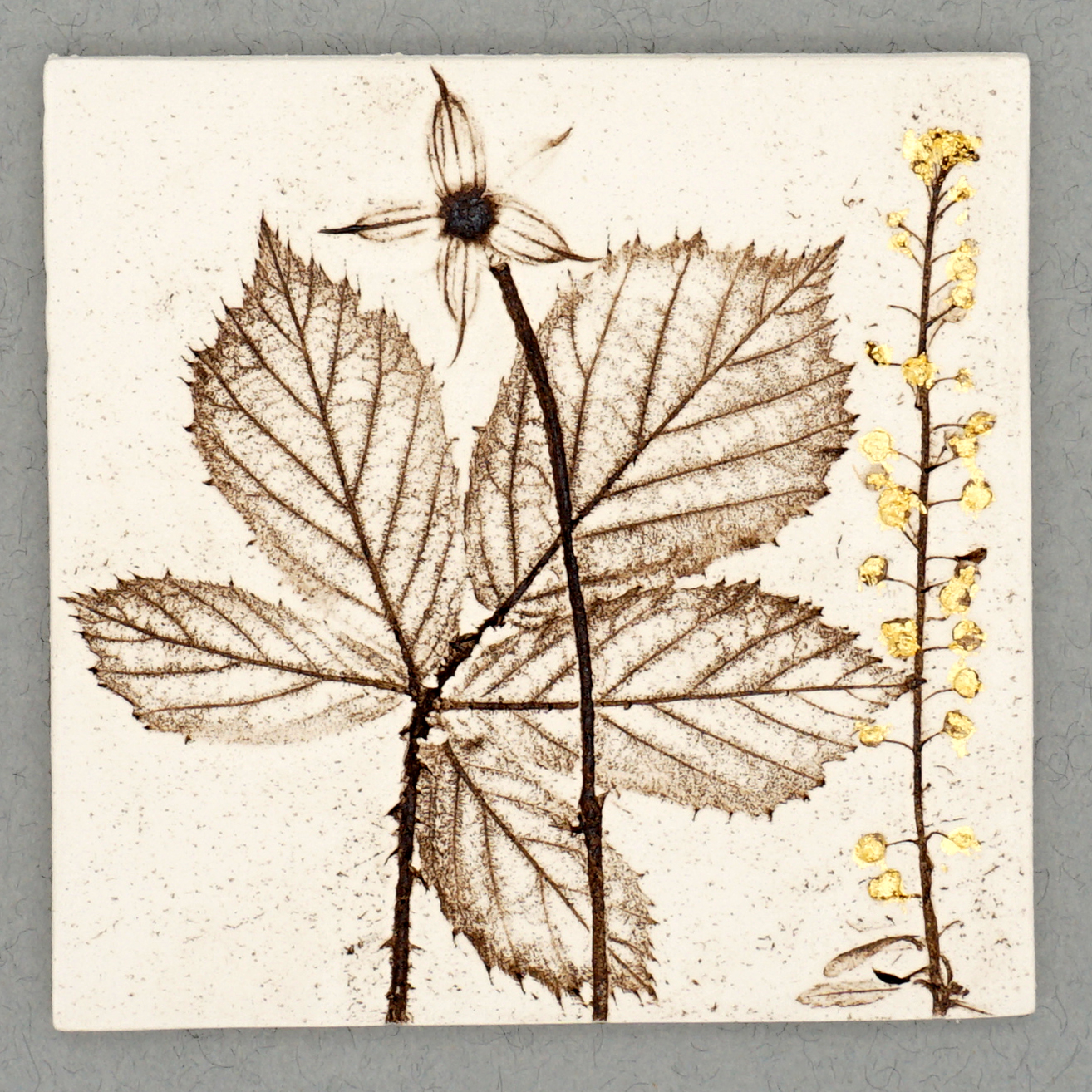 10cm Square Botanical Tile With 24ct Gold Leaf