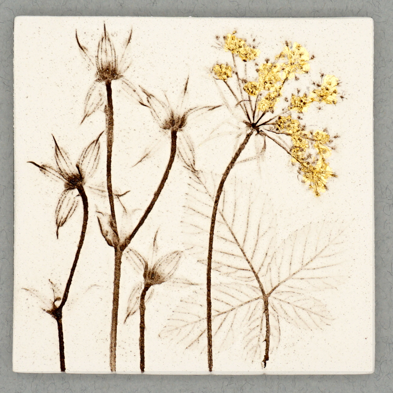 10cm Square Botanical Tile With 24ct Gold Leaf