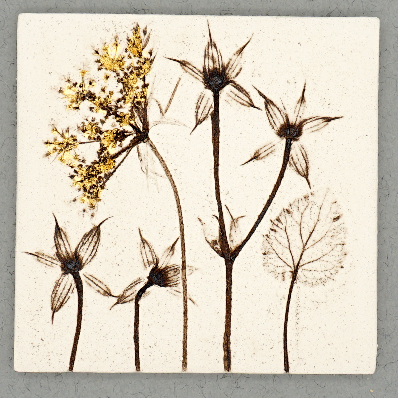 10cm Square Botanical Tile With 24ct Gold Leaf