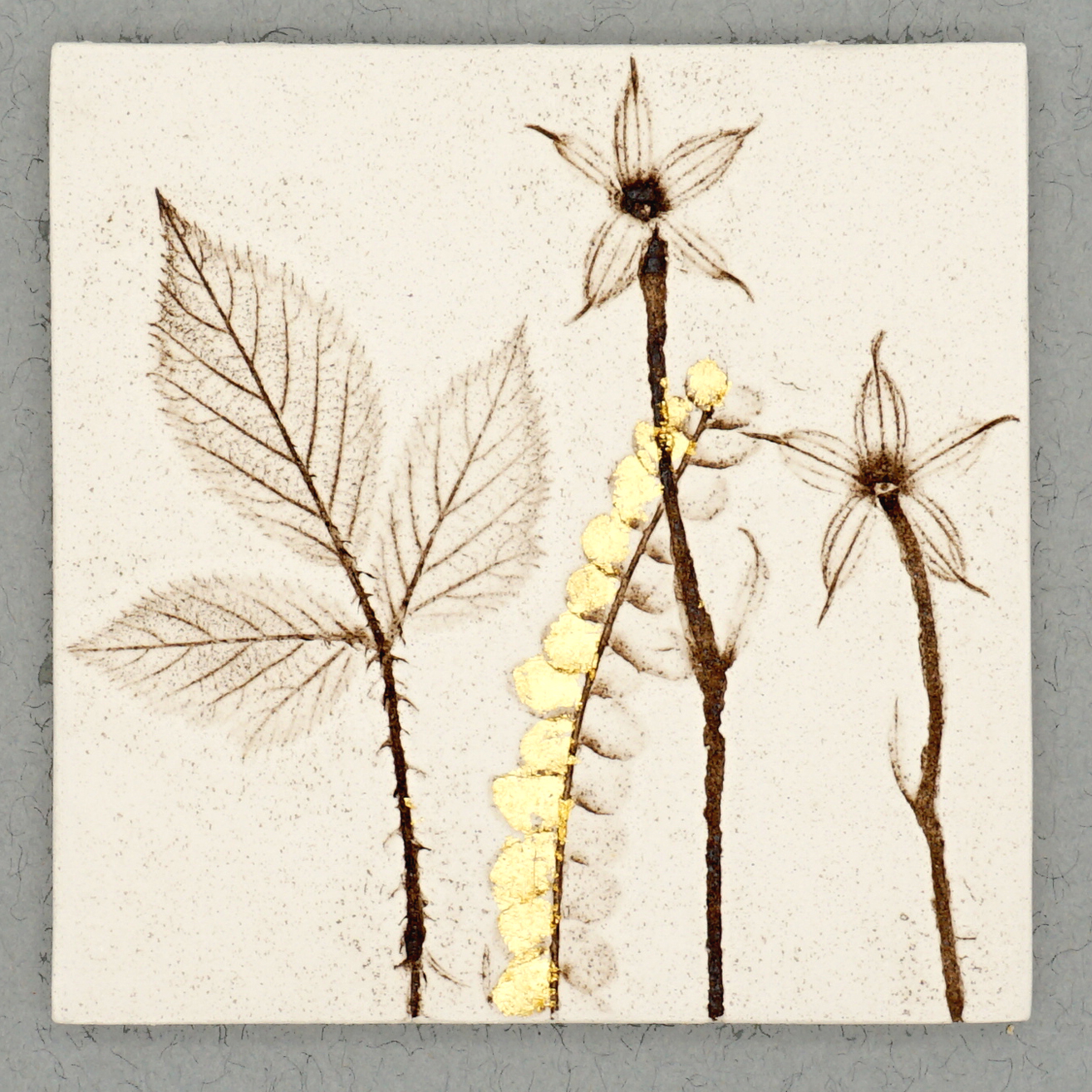 10cm Square Botanical Tile With 24ct Gold Leaf