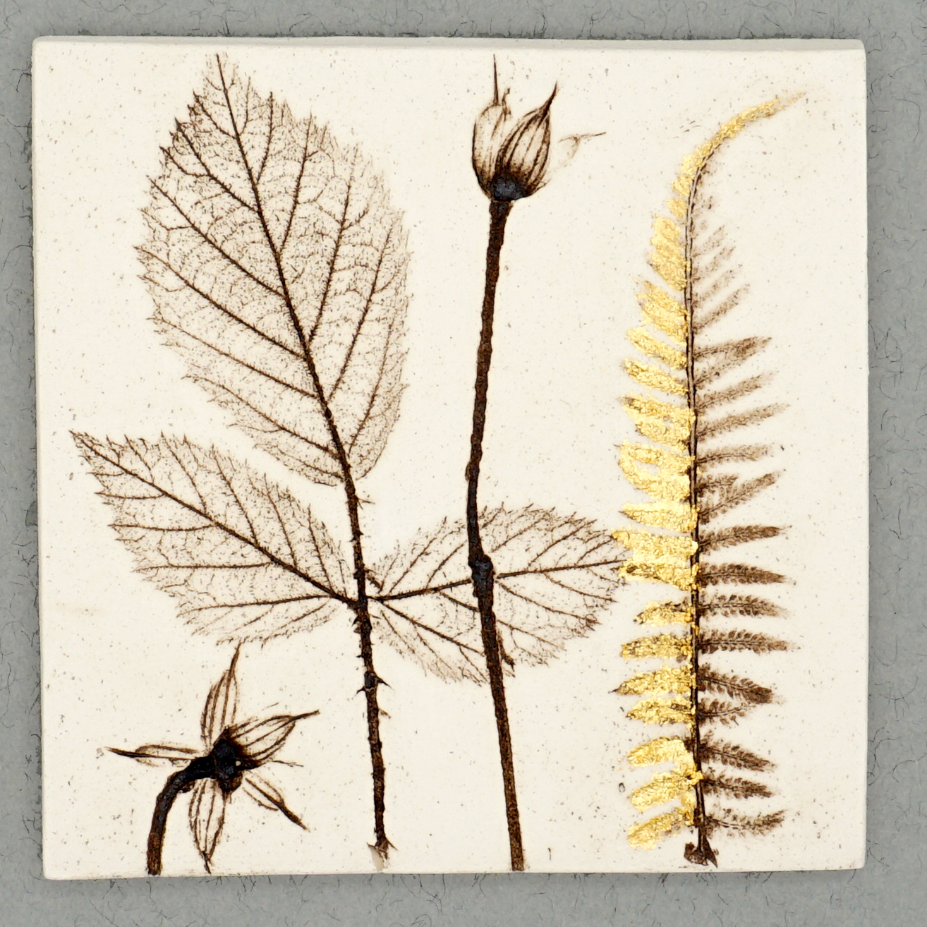 10cm Square Botanical Tile With 24ct Gold Leaf