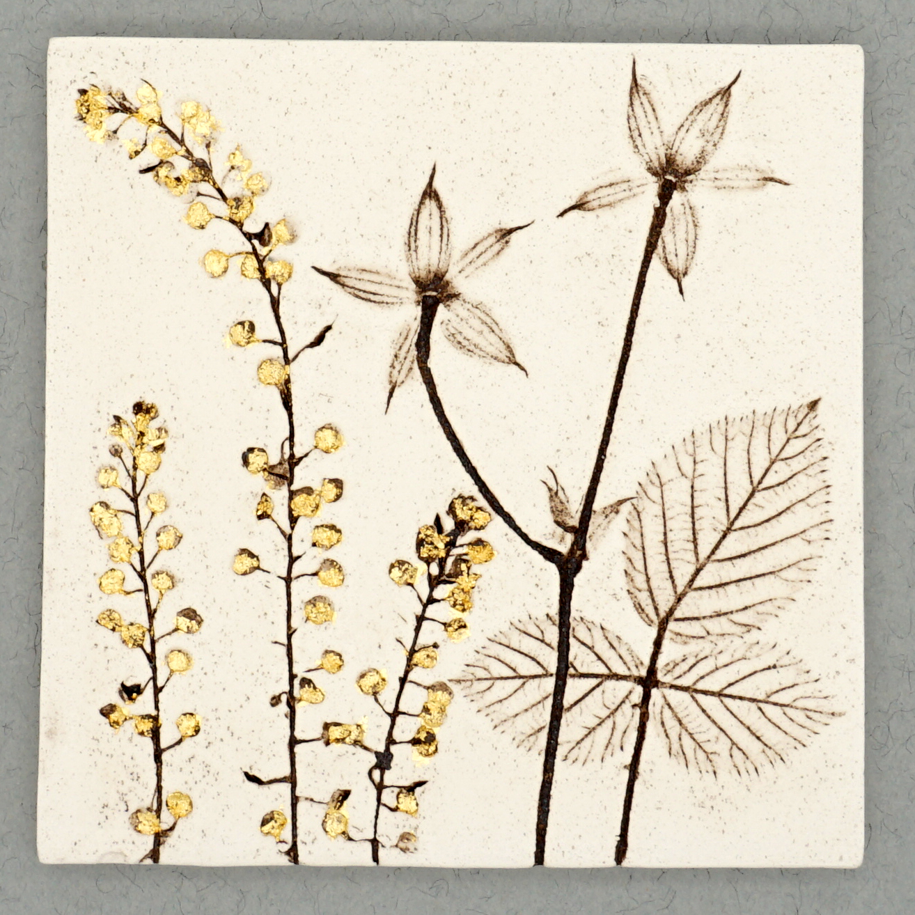 10cm Square Botanical Tile With 24ct Gold Leaf