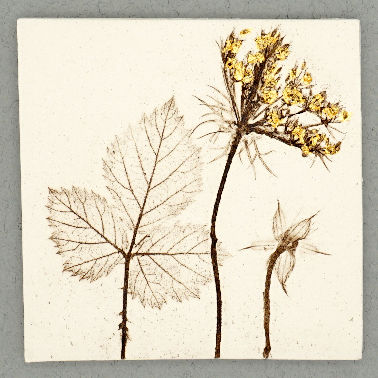 10cm Square Botanical Tile With 24ct Gold Leaf